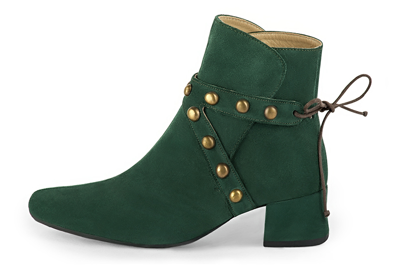 Forest green ankle boots with laces at the back. Round toe. Low flare heels